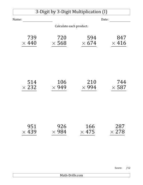 The Multiplying 3-Digit by 3-Digit Numbers (Large Print) (I) Math Worksheet