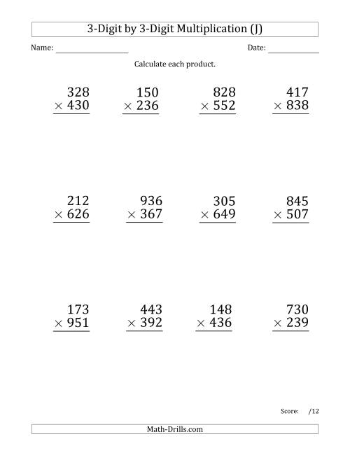 The Multiplying 3-Digit by 3-Digit Numbers (Large Print) (J) Math Worksheet