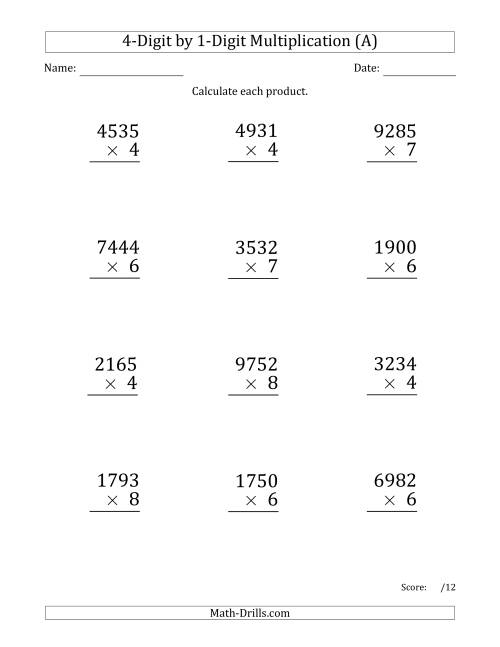 The Multiplying 4-Digit by 1-Digit Numbers (Large Print) (A) Math Worksheet