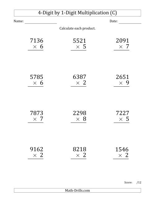 The Multiplying 4-Digit by 1-Digit Numbers (Large Print) (C) Math Worksheet