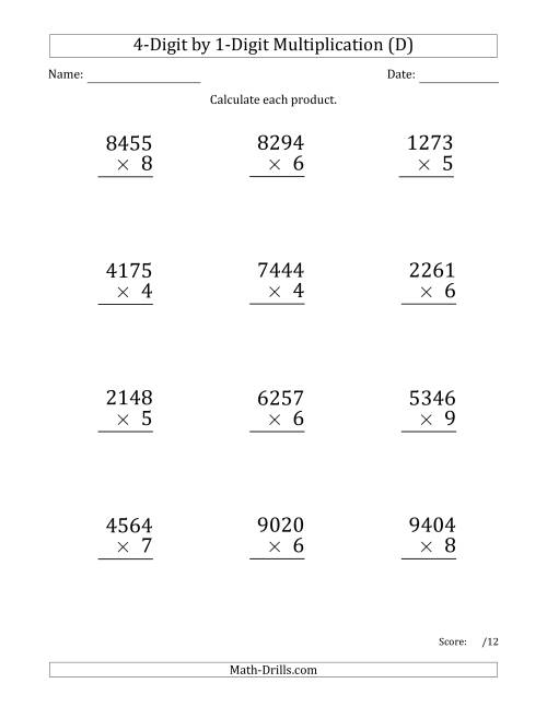 The Multiplying 4-Digit by 1-Digit Numbers (Large Print) (D) Math Worksheet