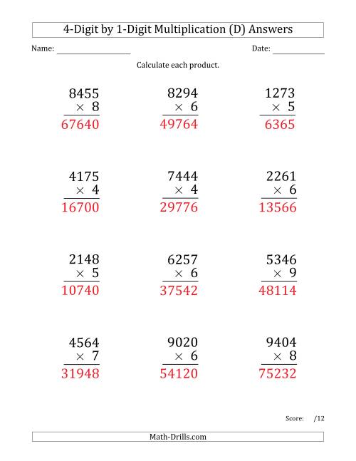 The Multiplying 4-Digit by 1-Digit Numbers (Large Print) (D) Math Worksheet Page 2