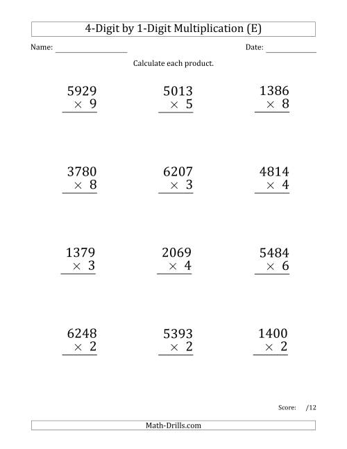 The Multiplying 4-Digit by 1-Digit Numbers (Large Print) (E) Math Worksheet