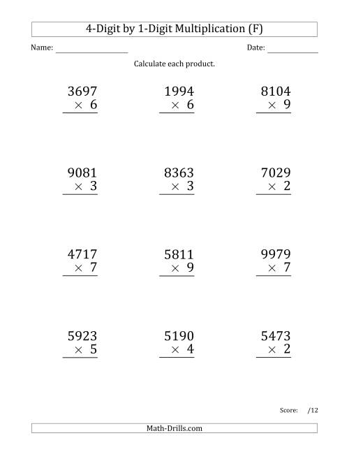 The Multiplying 4-Digit by 1-Digit Numbers (Large Print) (F) Math Worksheet