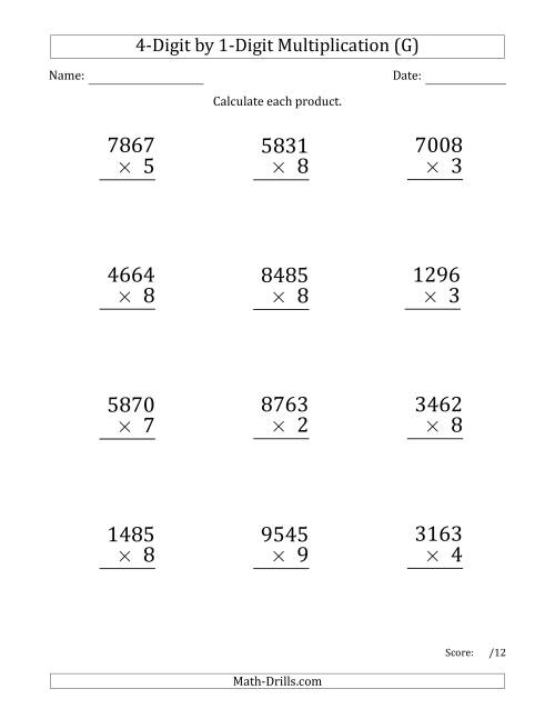 The Multiplying 4-Digit by 1-Digit Numbers (Large Print) (G) Math Worksheet