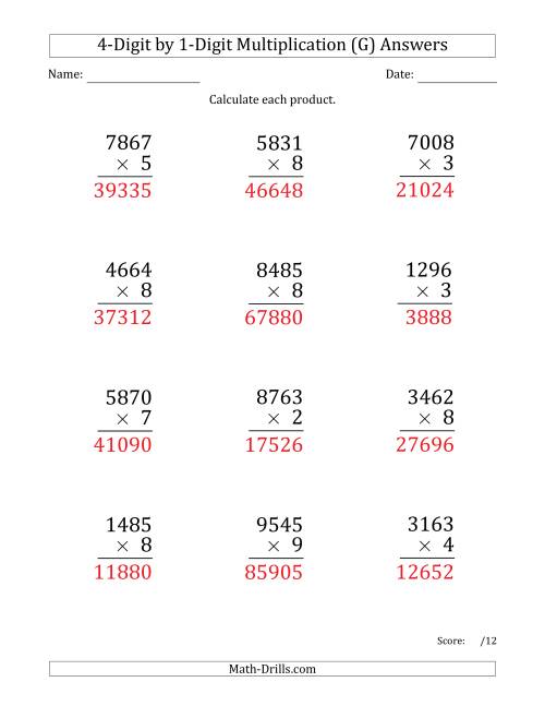 The Multiplying 4-Digit by 1-Digit Numbers (Large Print) (G) Math Worksheet Page 2