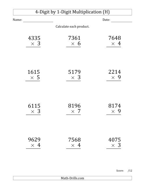 The Multiplying 4-Digit by 1-Digit Numbers (Large Print) (H) Math Worksheet