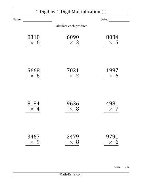 The Multiplying 4-Digit by 1-Digit Numbers (Large Print) (I) Math Worksheet