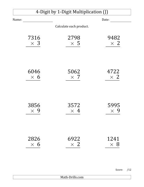 The Multiplying 4-Digit by 1-Digit Numbers (Large Print) (J) Math Worksheet