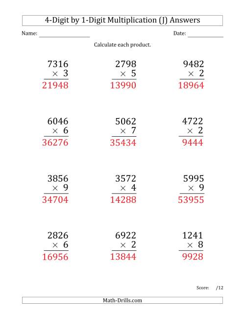 The Multiplying 4-Digit by 1-Digit Numbers (Large Print) (J) Math Worksheet Page 2