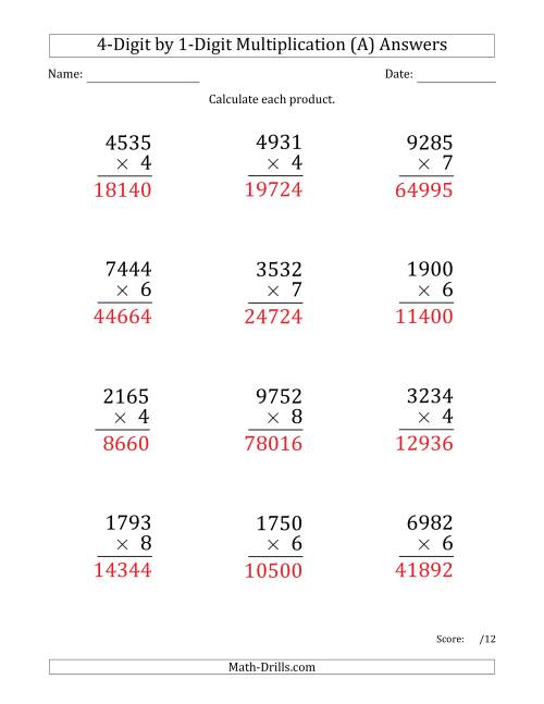 The Multiplying 4-Digit by 1-Digit Numbers (Large Print) (All) Math Worksheet Page 2
