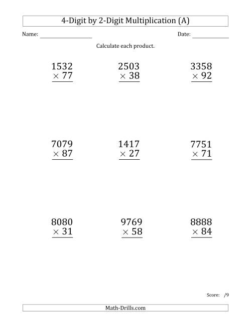 The Multiplying 4-Digit by 2-Digit Numbers (Large Print) (A) Math Worksheet