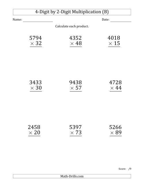 The Multiplying 4-Digit by 2-Digit Numbers (Large Print) (B) Math Worksheet