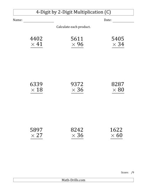 The Multiplying 4-Digit by 2-Digit Numbers (Large Print) (C) Math Worksheet
