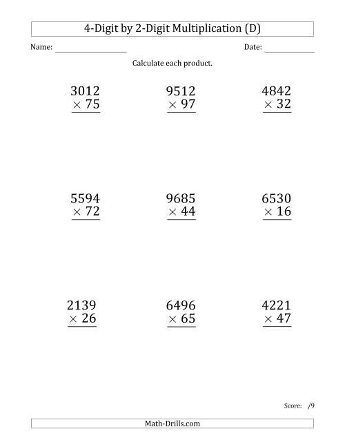 The Multiplying 4-Digit by 2-Digit Numbers (Large Print) (D) Math Worksheet