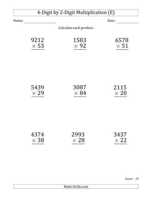 The Multiplying 4-Digit by 2-Digit Numbers (Large Print) (E) Math Worksheet