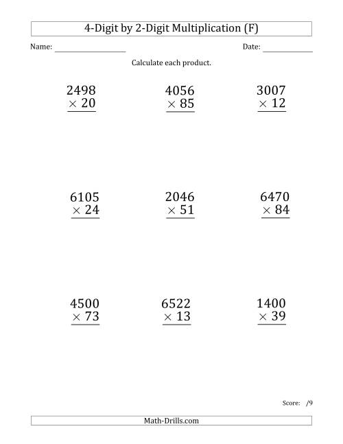 The Multiplying 4-Digit by 2-Digit Numbers (Large Print) (F) Math Worksheet