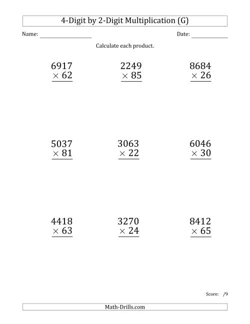 The Multiplying 4-Digit by 2-Digit Numbers (Large Print) (G) Math Worksheet
