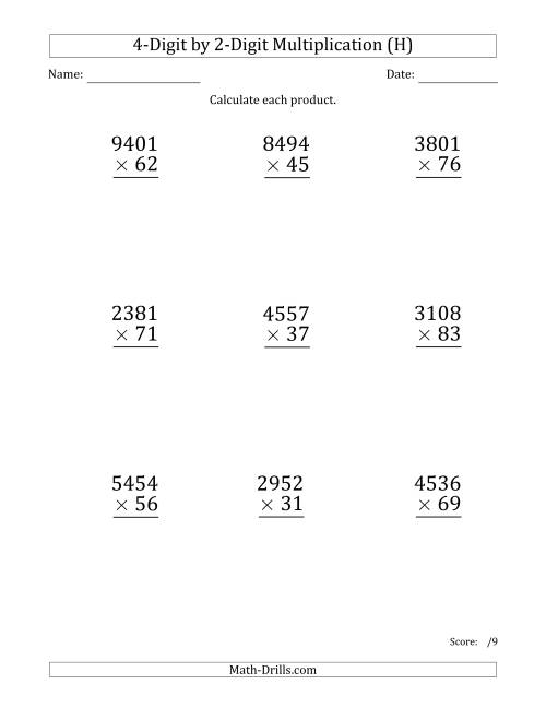 The Multiplying 4-Digit by 2-Digit Numbers (Large Print) (H) Math Worksheet