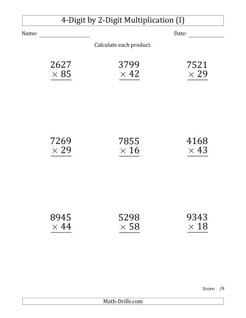 The Multiplying 4-Digit by 2-Digit Numbers (Large Print) (I) Math Worksheet