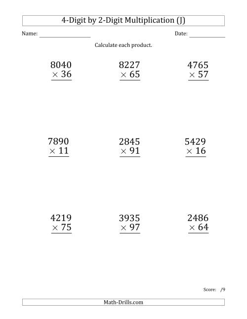The Multiplying 4-Digit by 2-Digit Numbers (Large Print) (J) Math Worksheet