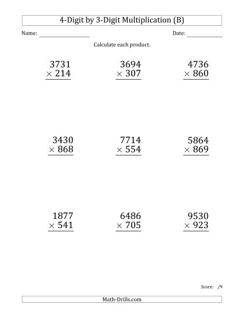 The Multiplying 4-Digit by 3-Digit Numbers (Large Print) (B) Math Worksheet