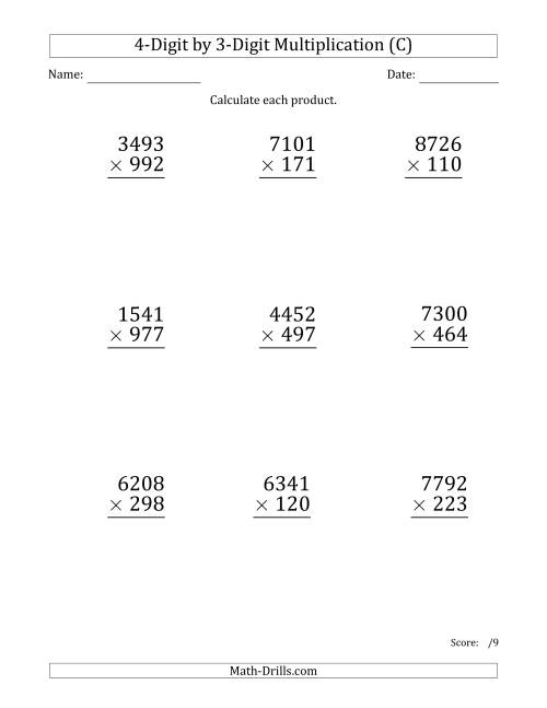 The Multiplying 4-Digit by 3-Digit Numbers (Large Print) (C) Math Worksheet