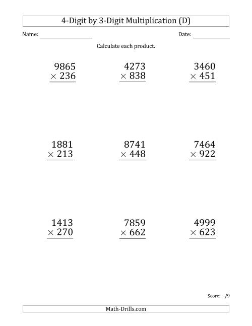 The Multiplying 4-Digit by 3-Digit Numbers (Large Print) (D) Math Worksheet