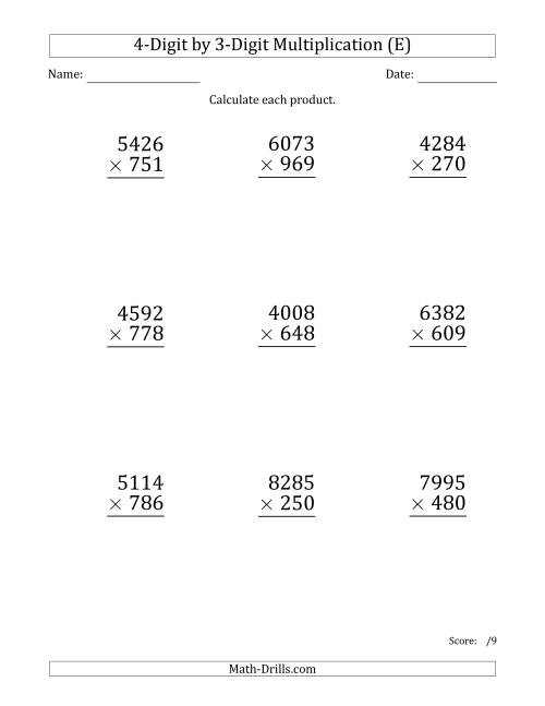 The Multiplying 4-Digit by 3-Digit Numbers (Large Print) (E) Math Worksheet