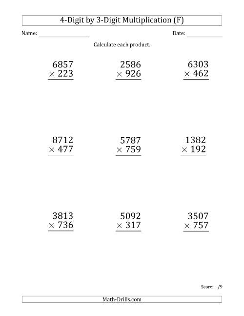 The Multiplying 4-Digit by 3-Digit Numbers (Large Print) (F) Math Worksheet