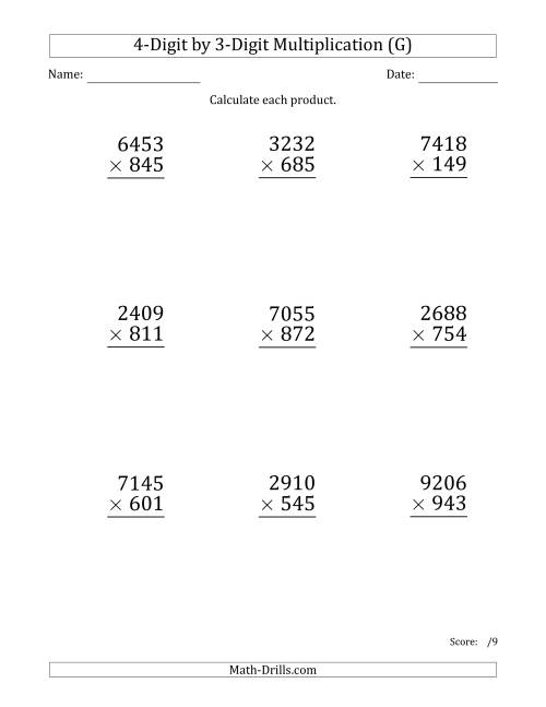 The Multiplying 4-Digit by 3-Digit Numbers (Large Print) (G) Math Worksheet