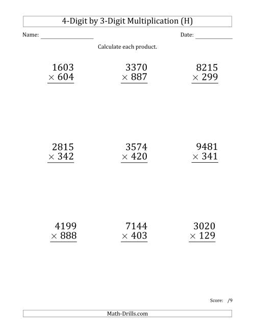 The Multiplying 4-Digit by 3-Digit Numbers (Large Print) (H) Math Worksheet