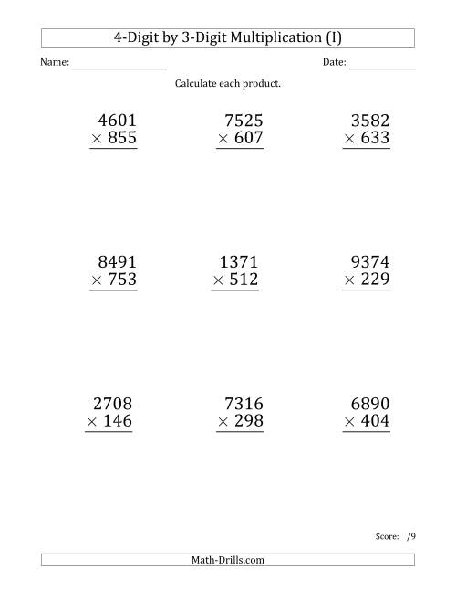 The Multiplying 4-Digit by 3-Digit Numbers (Large Print) (I) Math Worksheet
