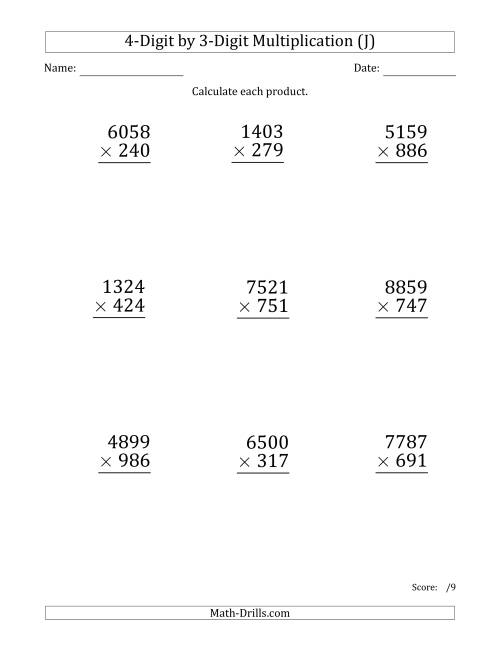 The Multiplying 4-Digit by 3-Digit Numbers (Large Print) (J) Math Worksheet