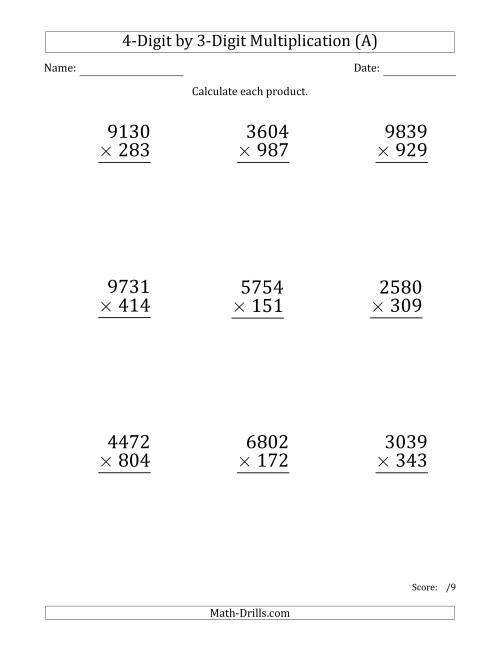 The Multiplying 4-Digit by 3-Digit Numbers (Large Print) (All) Math Worksheet