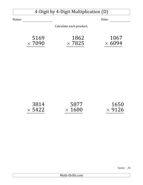 The Multiplying 4-Digit by 4-Digit Numbers (Large Print) (D) Math Worksheet