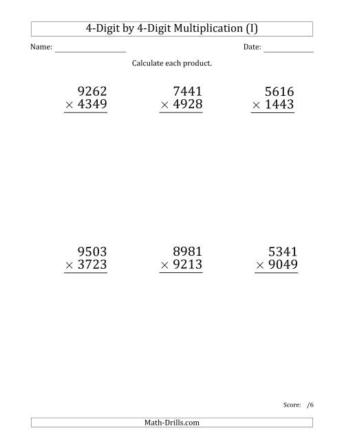 The Multiplying 4-Digit by 4-Digit Numbers (Large Print) (I) Math Worksheet