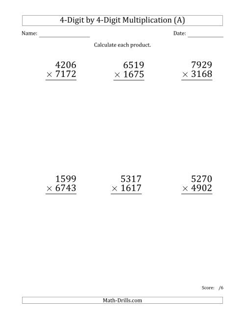 The Multiplying 4-Digit by 4-Digit Numbers (Large Print) (All) Math Worksheet