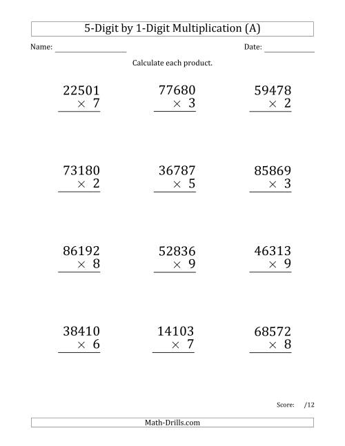 The Multiplying 5-Digit by 1-Digit Numbers (Large Print) (A) Math Worksheet