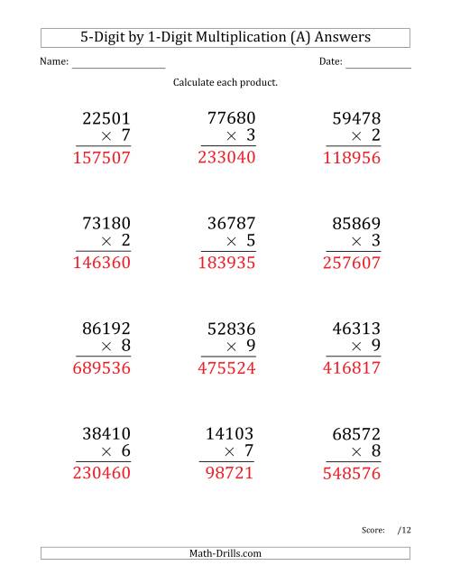The Multiplying 5-Digit by 1-Digit Numbers (Large Print) (A) Math Worksheet Page 2