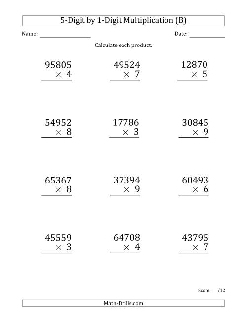 The Multiplying 5-Digit by 1-Digit Numbers (Large Print) (B) Math Worksheet