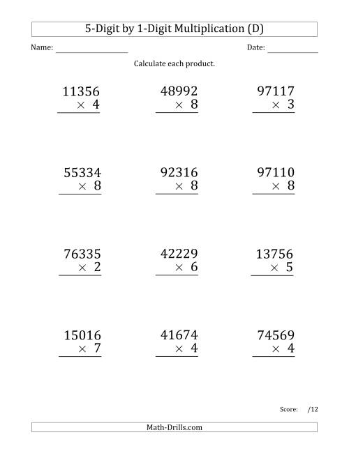 The Multiplying 5-Digit by 1-Digit Numbers (Large Print) (D) Math Worksheet