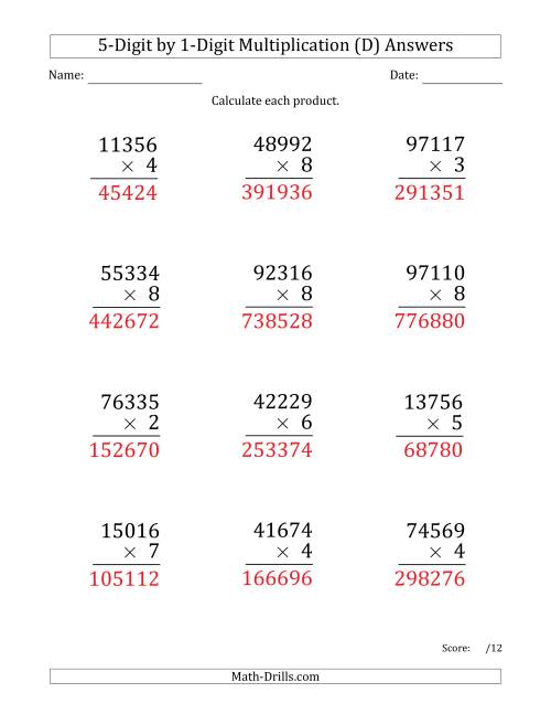 The Multiplying 5-Digit by 1-Digit Numbers (Large Print) (D) Math Worksheet Page 2