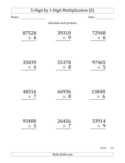 The Multiplying 5-Digit by 1-Digit Numbers (Large Print) (E) Math Worksheet