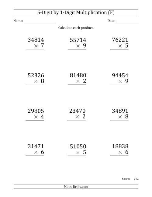 The Multiplying 5-Digit by 1-Digit Numbers (Large Print) (F) Math Worksheet