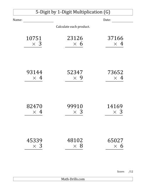 The Multiplying 5-Digit by 1-Digit Numbers (Large Print) (G) Math Worksheet