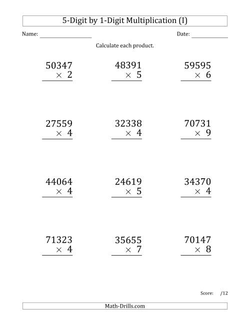 The Multiplying 5-Digit by 1-Digit Numbers (Large Print) (I) Math Worksheet