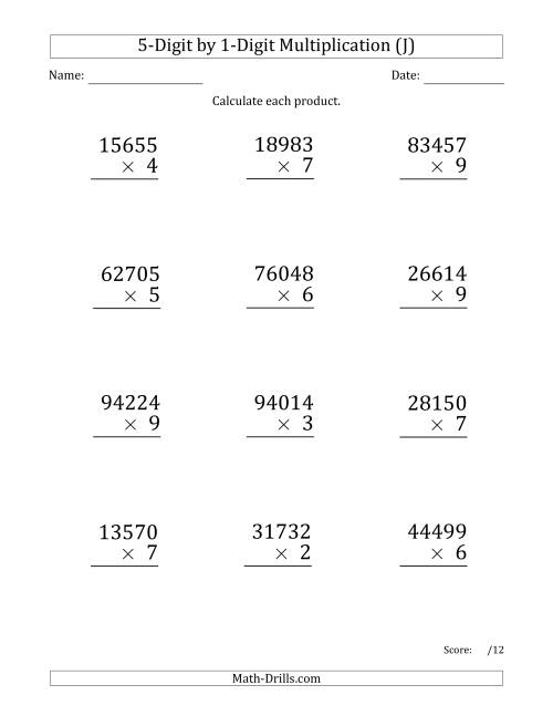 The Multiplying 5-Digit by 1-Digit Numbers (Large Print) (J) Math Worksheet
