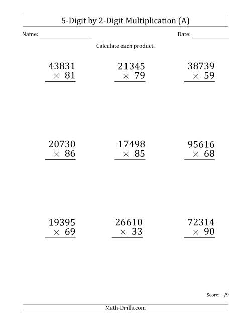The Multiplying 5-Digit by 2-Digit Numbers (Large Print) (A) Math Worksheet