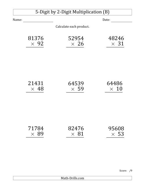 The Multiplying 5-Digit by 2-Digit Numbers (Large Print) (B) Math Worksheet